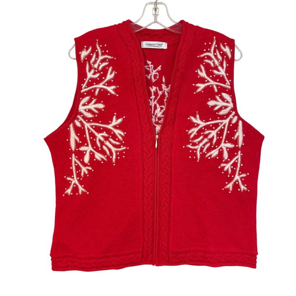 Coldwater Creek Snowflake Embroidered Wool Vest Womens L/XL Red Cottagecore Knit